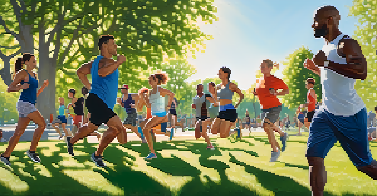 A diverse group of people exercising outdoors in a sunny park, engaging in running, yoga, and weightlifting.