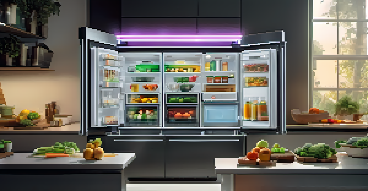 A modern kitchen with smart gadgets assisting in meal planning and colorful ingredients.