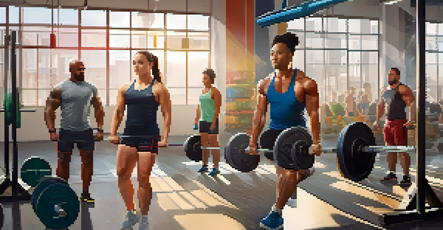 A diverse group of athletes training in a gym, performing various weightlifting techniques.
