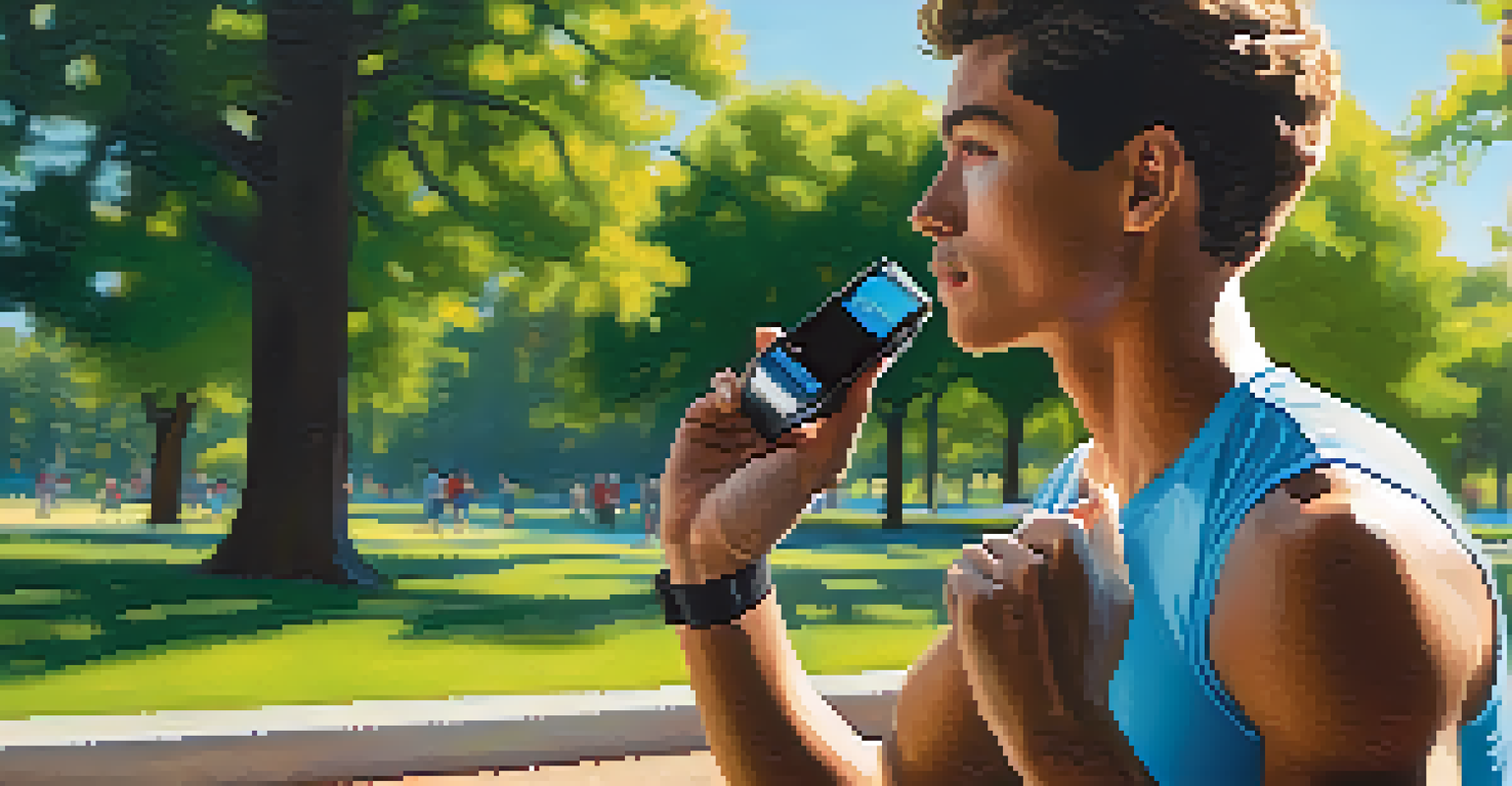 An athlete in a park checking their fitness tracker, surrounded by greenery and a clear sky.