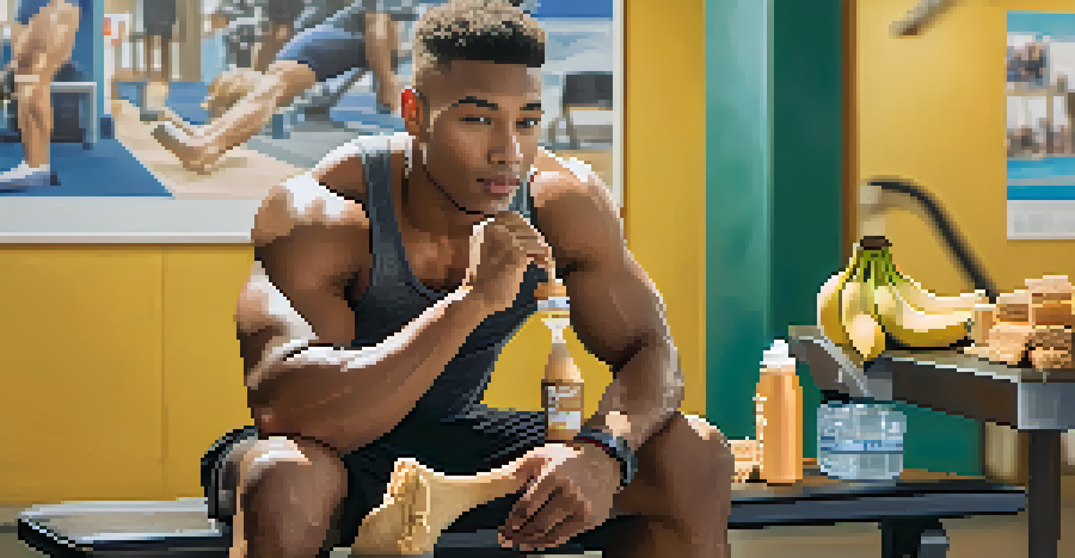 An athlete sitting on a gym bench, eating a banana with peanut butter, surrounded by gym equipment and motivational posters.