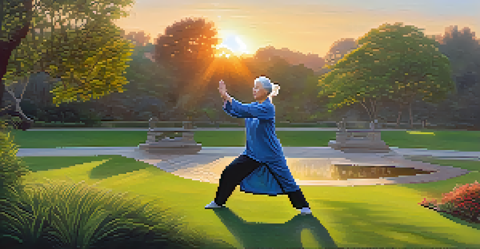 An elderly woman practicing tai chi in a park at sunrise, demonstrating grace and wellness.