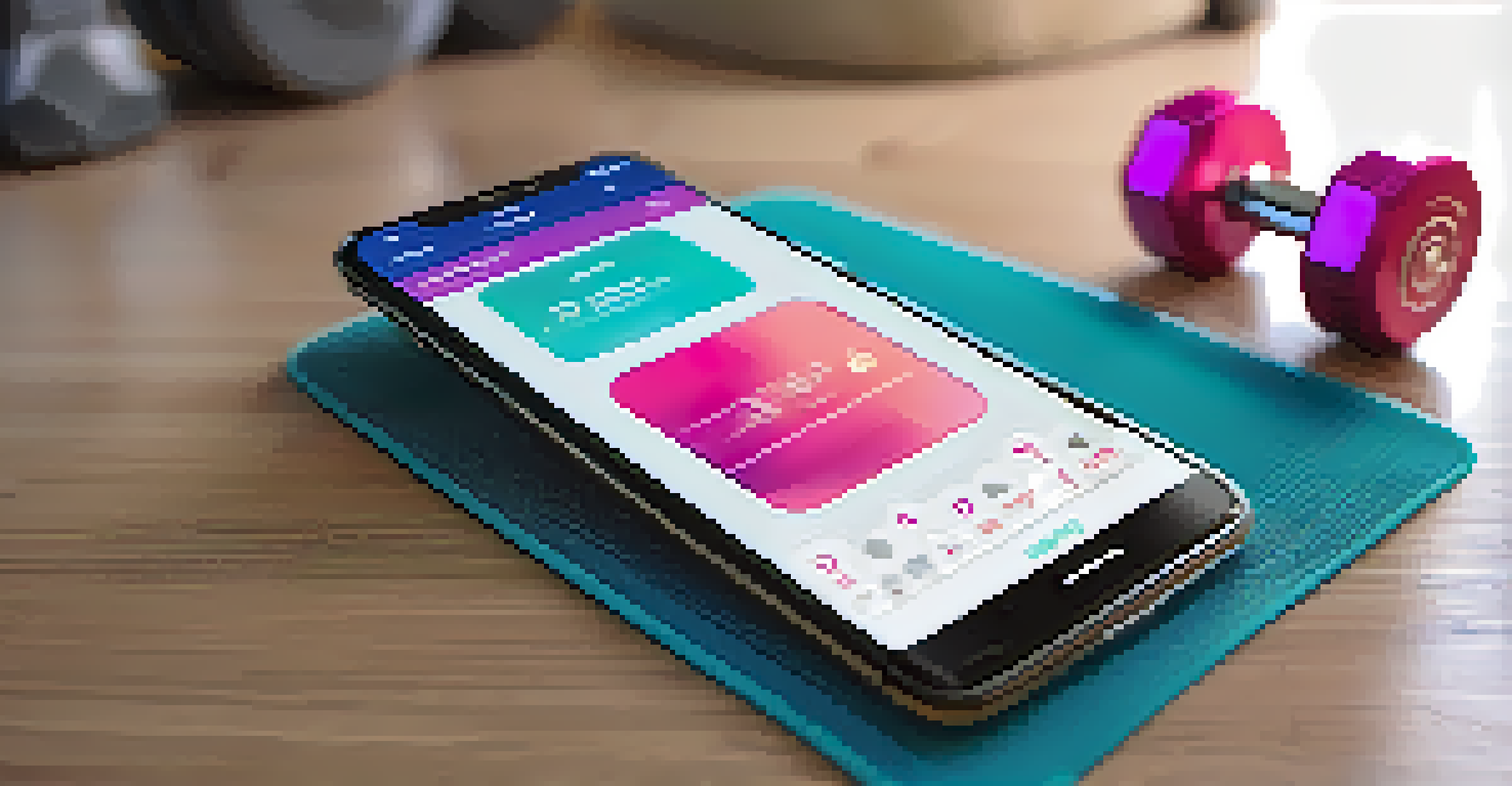 A smartphone displaying an AI fitness app with workout recommendations, with dumbbells and a water bottle in the foreground.