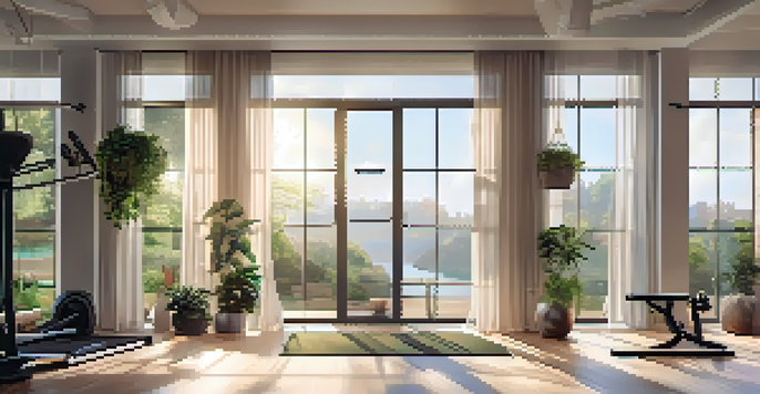 A person stretching in a bright home gym with motivational quotes on the walls and green plants around.