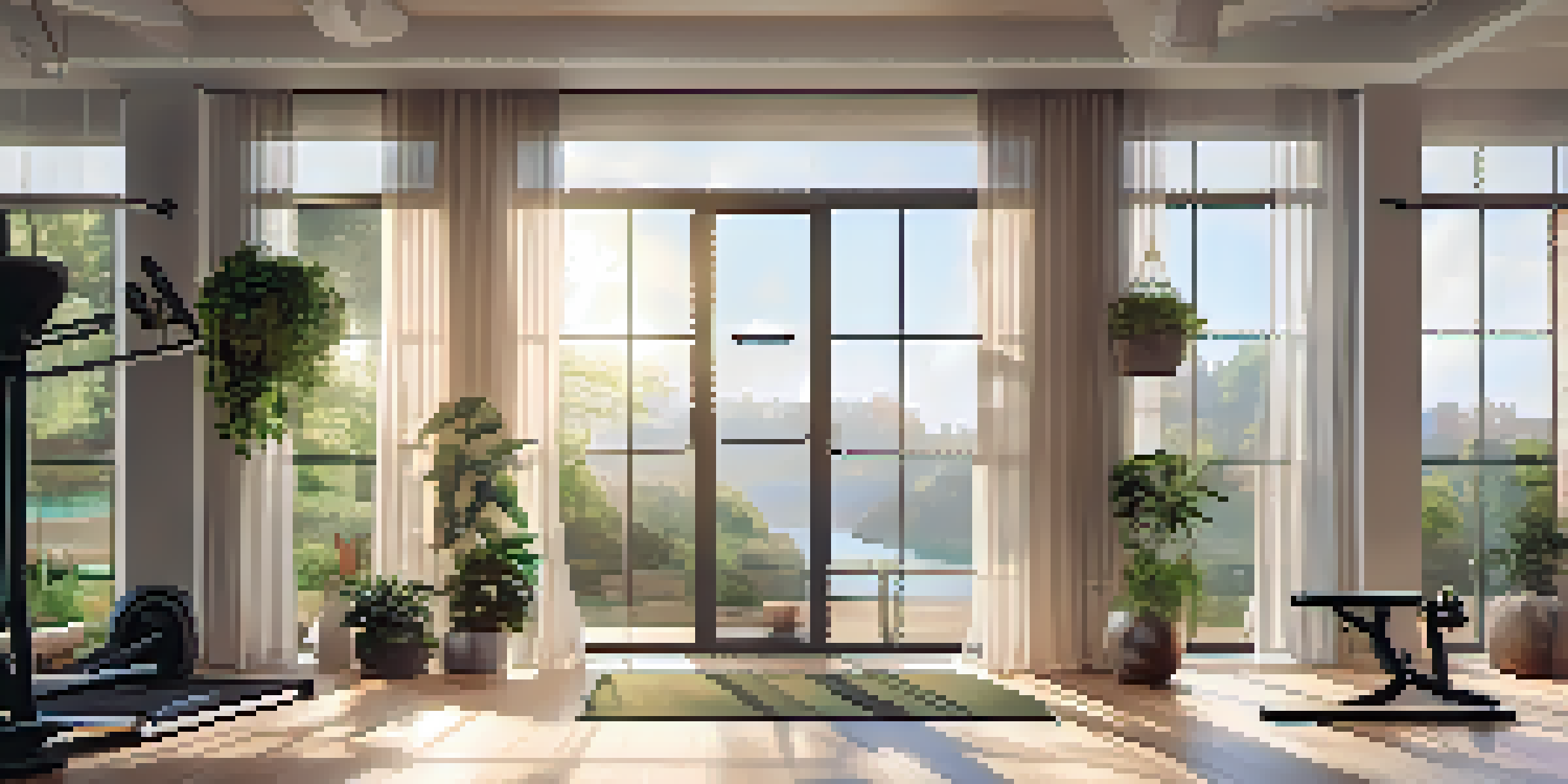 A person stretching in a bright home gym with motivational quotes on the walls and green plants around.