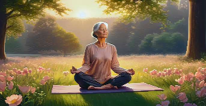 A senior woman practicing yoga in a grassy field during sunset, surrounded by nature.