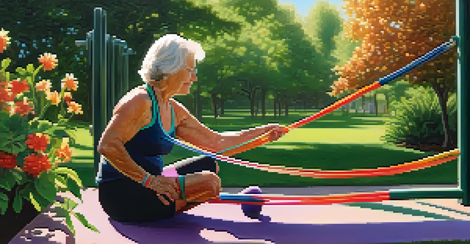 An older adult using resistance bands for strength training in a sunny park surrounded by greenery and flowers.