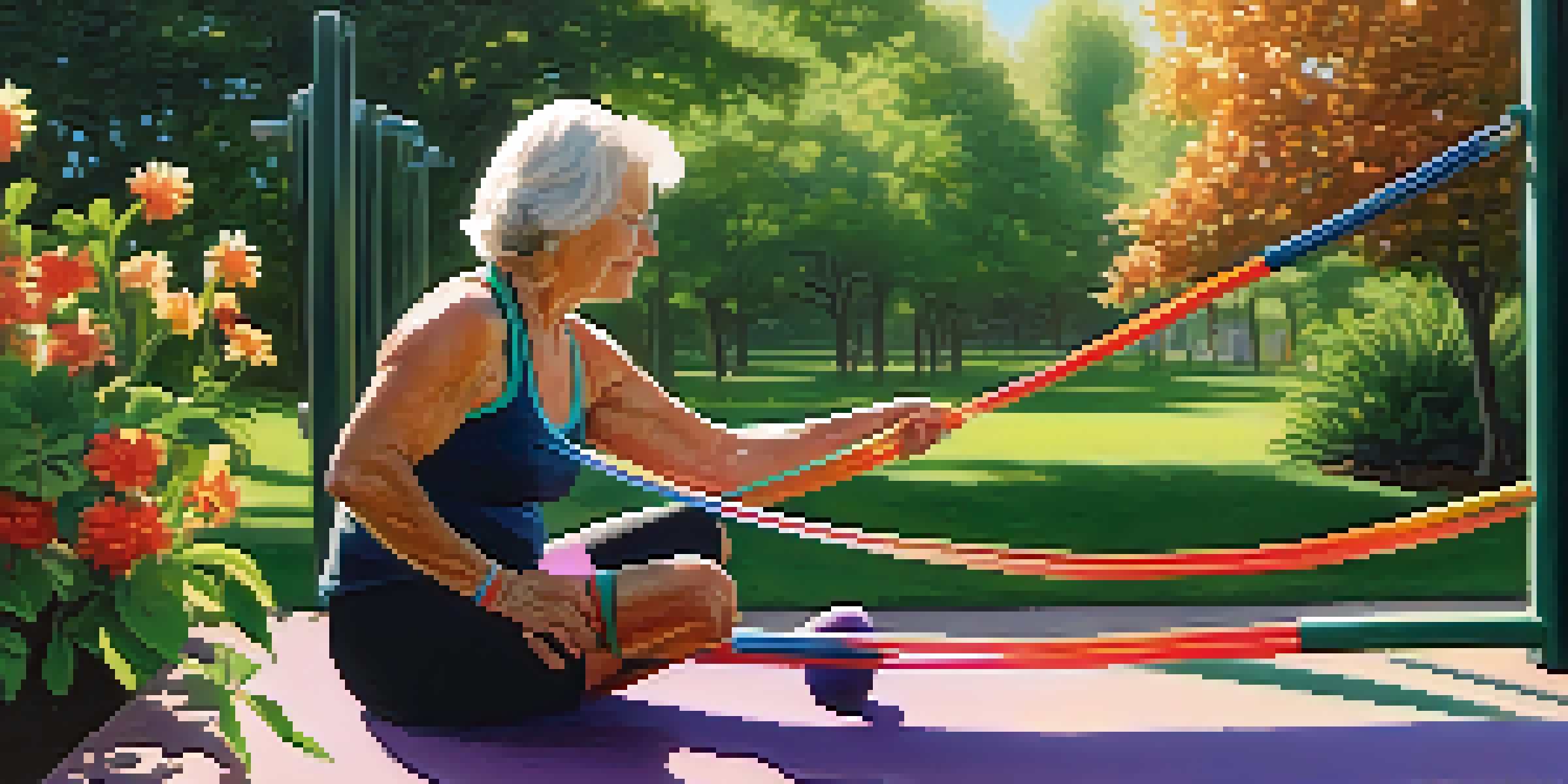 An older adult using resistance bands for strength training in a sunny park surrounded by greenery and flowers.