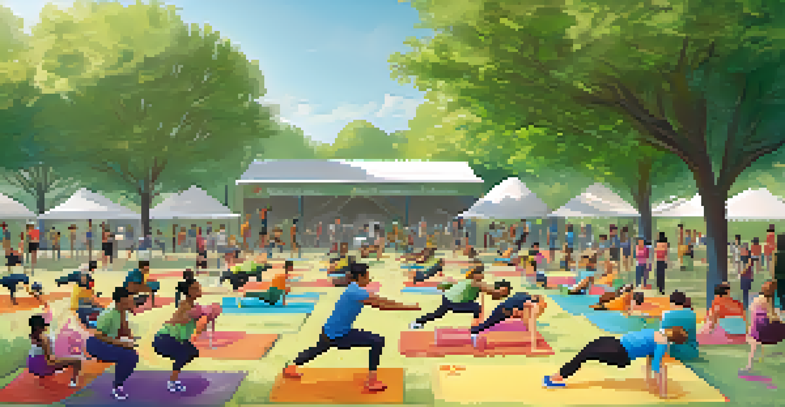 A sunny park filled with diverse participants engaging in a community fitness boot camp, with visible donation boxes and a charity banner.