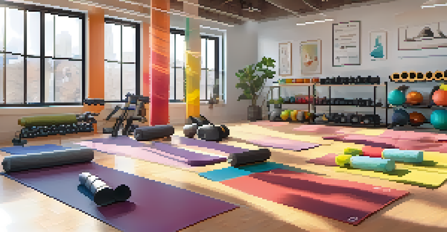 An organized workout area with warm-up equipment like yoga mats and resistance bands, illuminated by sunlight.