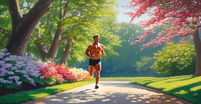 A bodybuilder jogging on a sunlit path surrounded by greenery, showing determination and muscle definition.