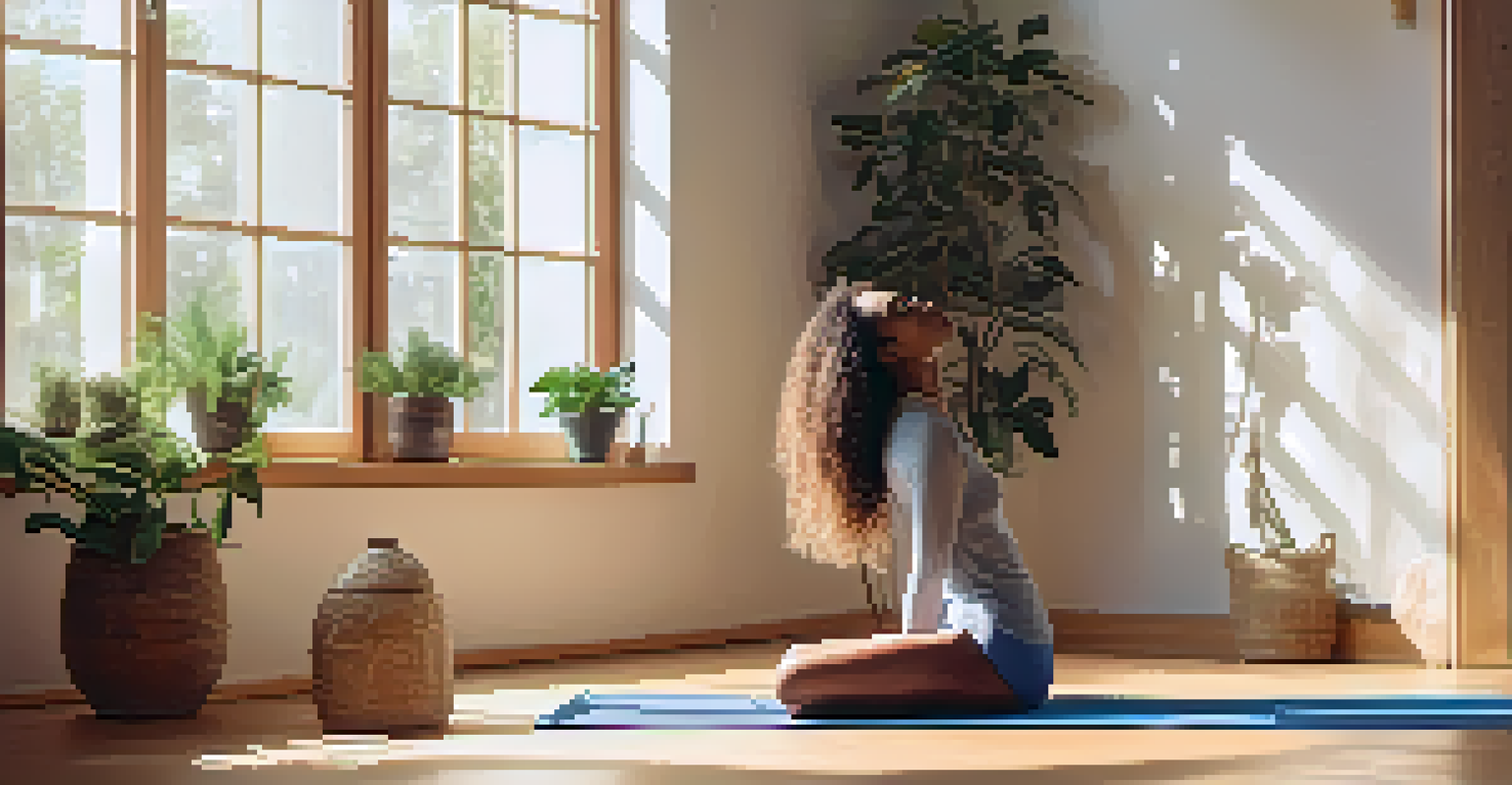 A young adult practicing yoga in a sunlit room, emphasizing relaxation and recovery with plants and soft decor.