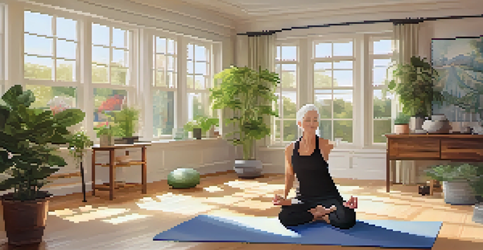 An older adult stretching on a yoga mat in a bright home gym with plants and motivational posters.