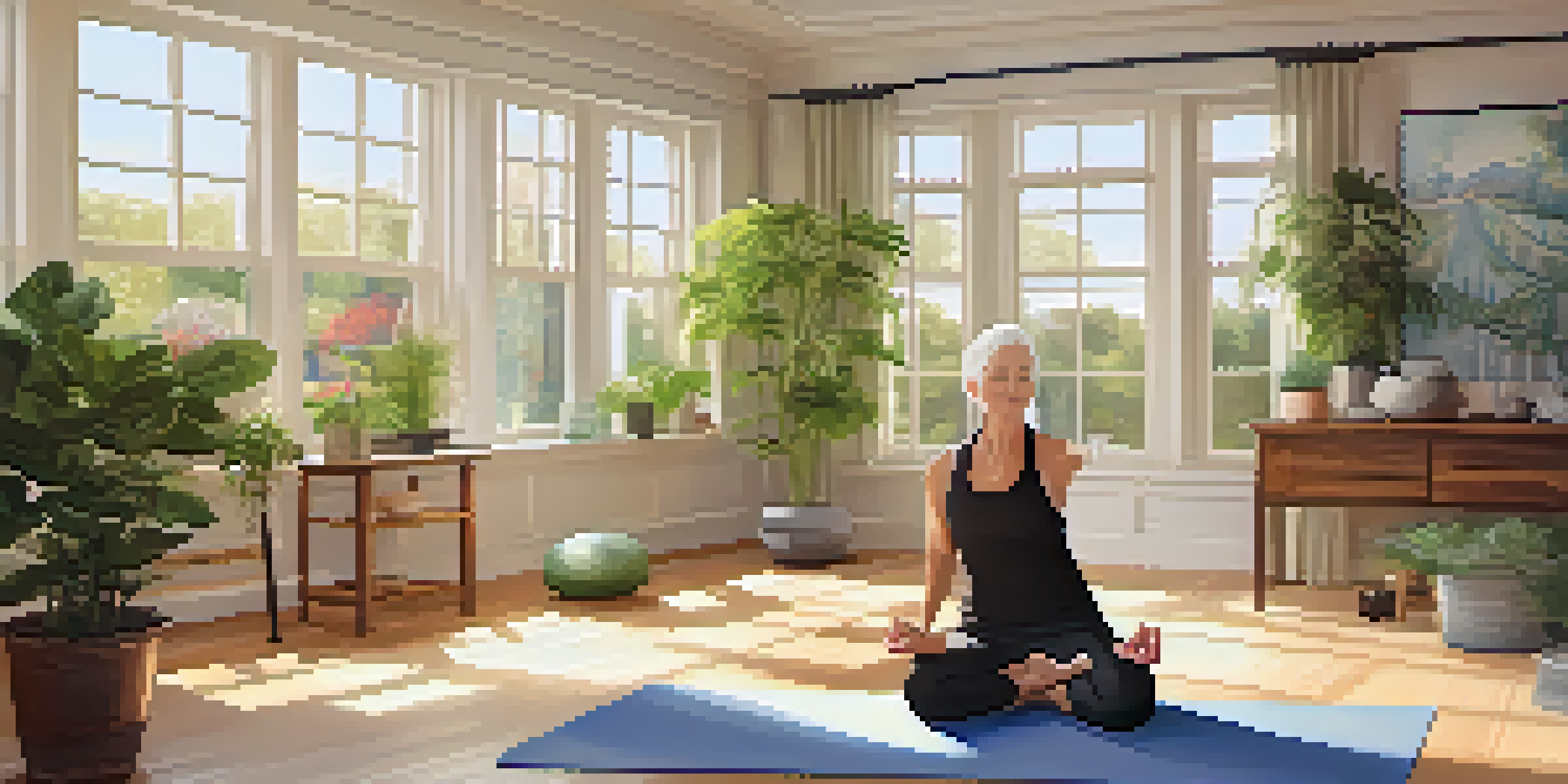 An older adult stretching on a yoga mat in a bright home gym with plants and motivational posters.