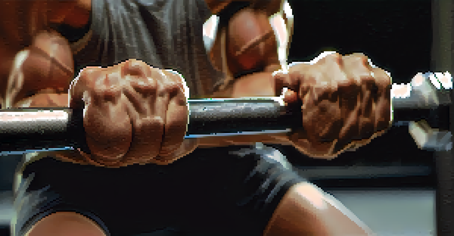 Close-up of hands gripping a barbell in a gym, with sweat and determination evident, and blurred gym equipment in the background.