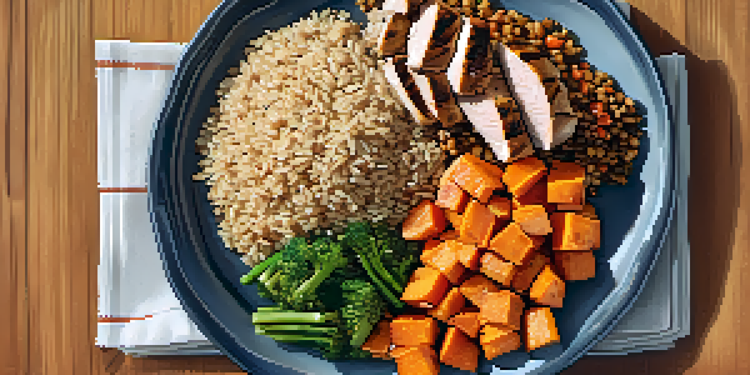 A flat lay of a balanced bodybuilding meal with brown rice, quinoa, sweet potatoes, grilled chicken, and fresh vegetables on a wooden table.