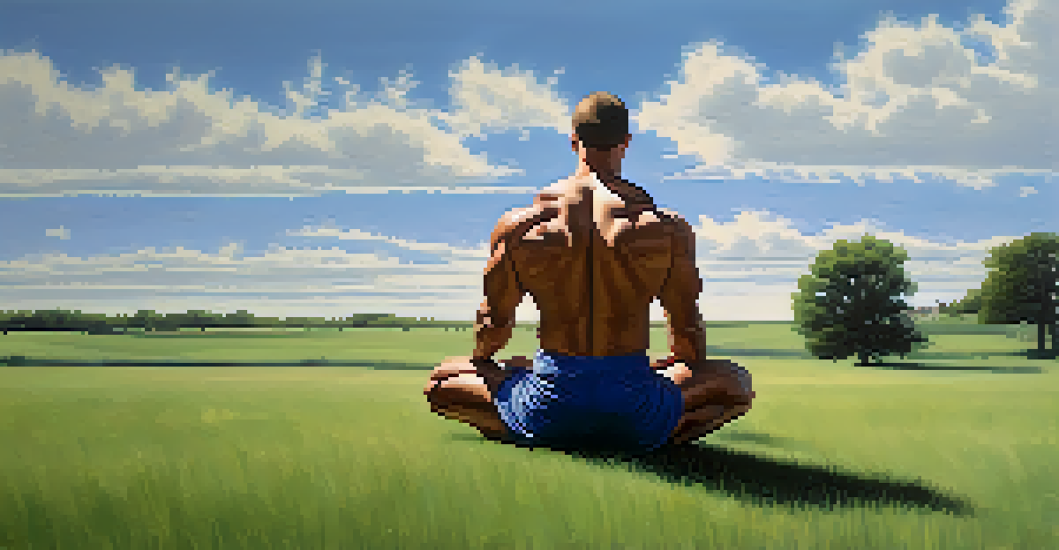 A bodybuilder seated on grass, practicing visualization outdoors, with a calm expression and nature around.