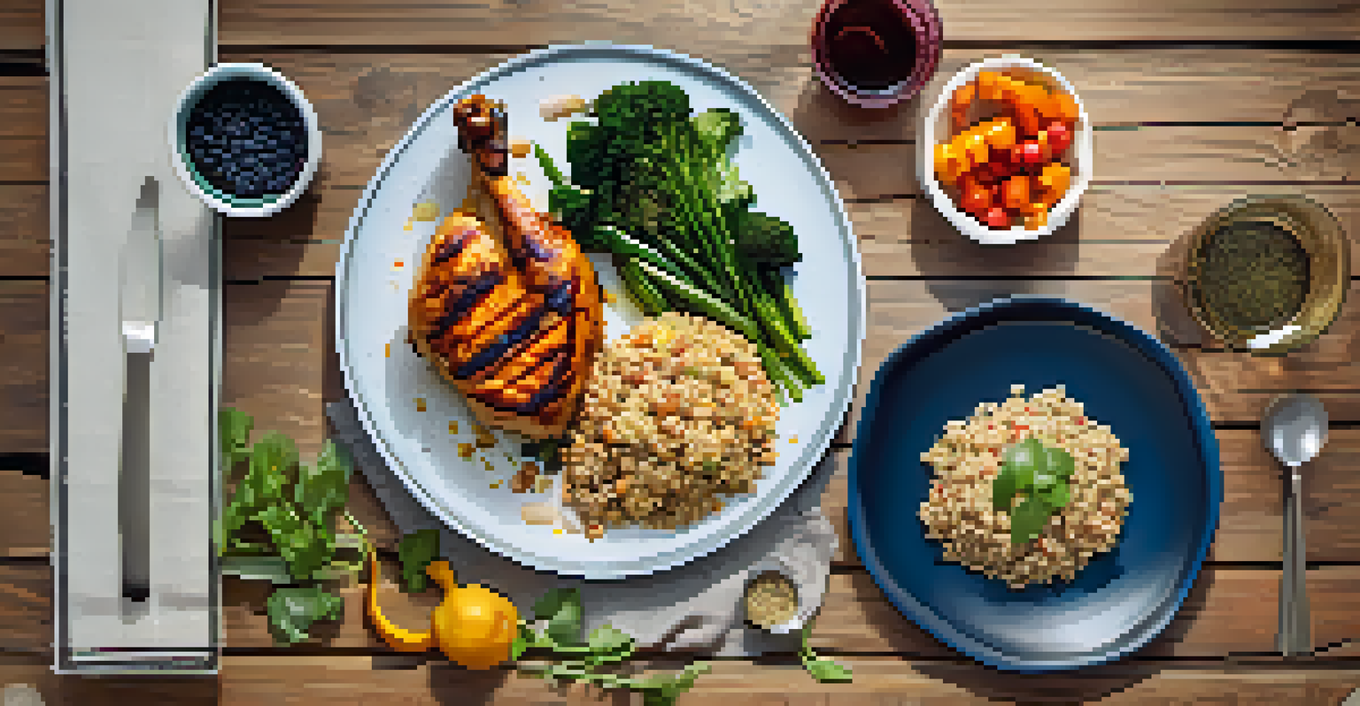 A balanced meal plate with grilled chicken, quinoa, and colorful vegetables, beautifully arranged on a rustic table.