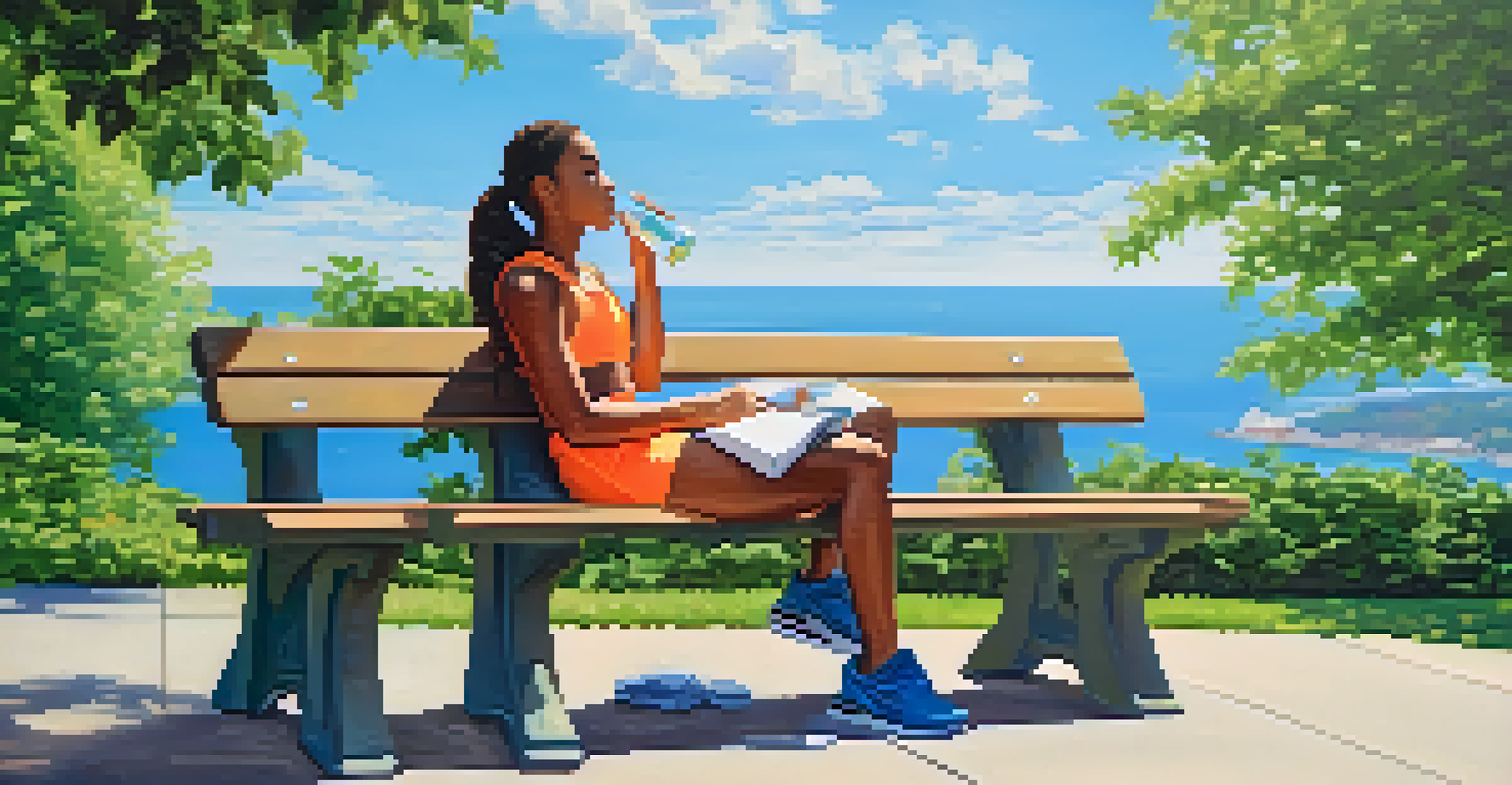 A teenage athlete relaxing on a park bench, sipping water with a notebook of meal plans beside them in a green park.