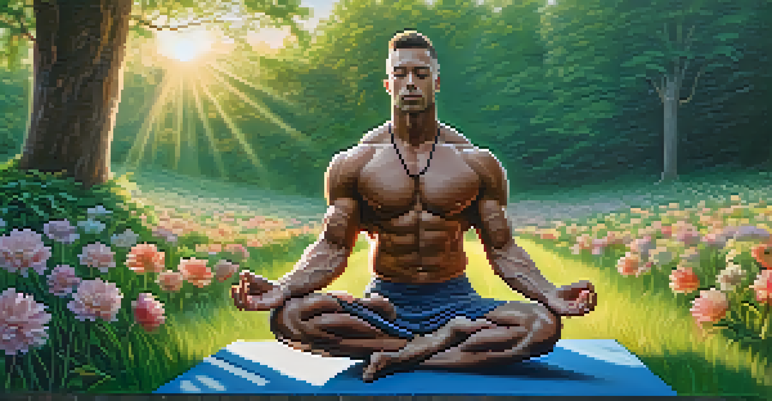 A male vegan bodybuilder practicing yoga in a grassy field at sunrise, surrounded by nature, embodying peace and strength.