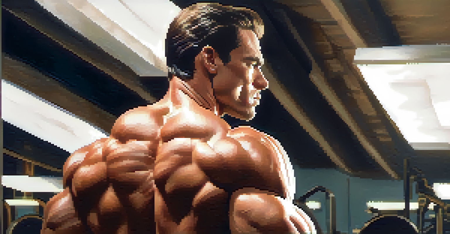 A bodybuilder flexing their biceps in a studio, showcasing muscle definition, with a softly blurred background and warm lighting.