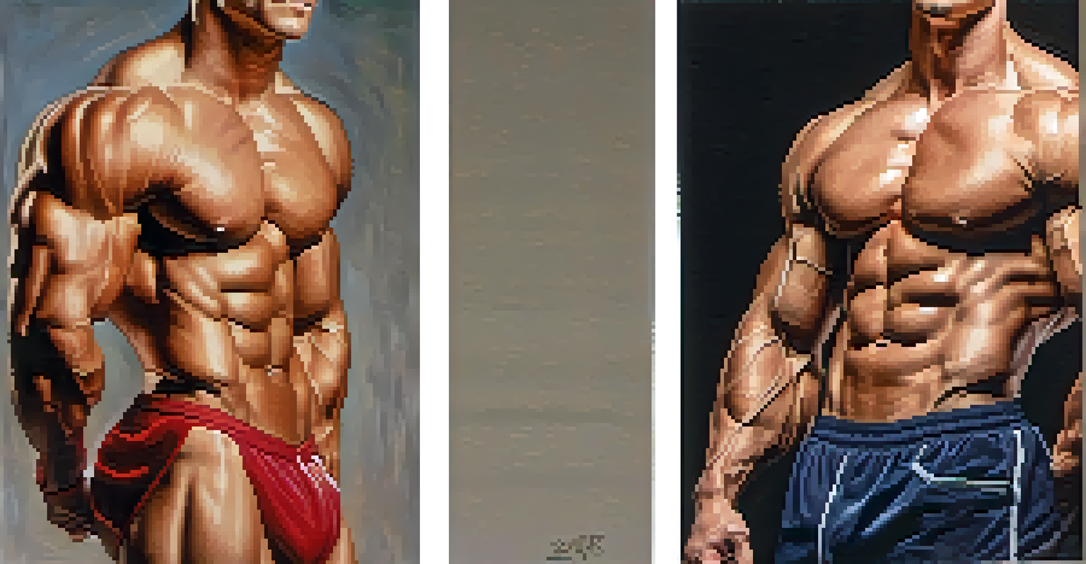 A split image of before and after photos of a bodybuilder showing muscle growth.