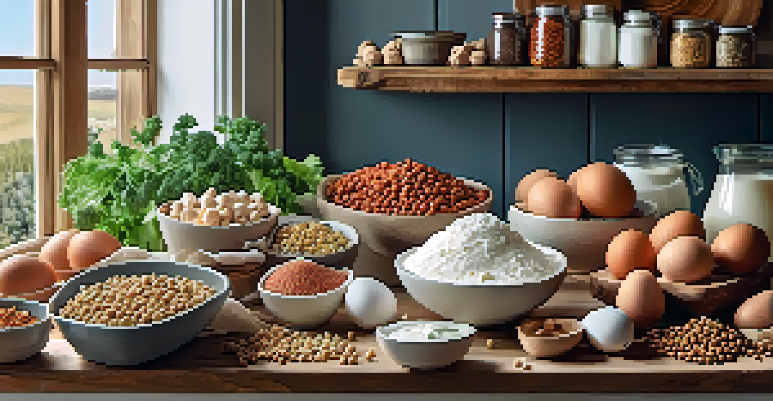 An assortment of high-quality protein sources including lean meats, eggs, and plant-based proteins arranged on a rustic kitchen counter, illuminated by natural light.
