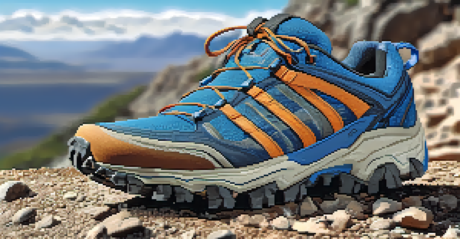 Close-up of trail running shoes on a rocky trail with a mountainous landscape in the background.