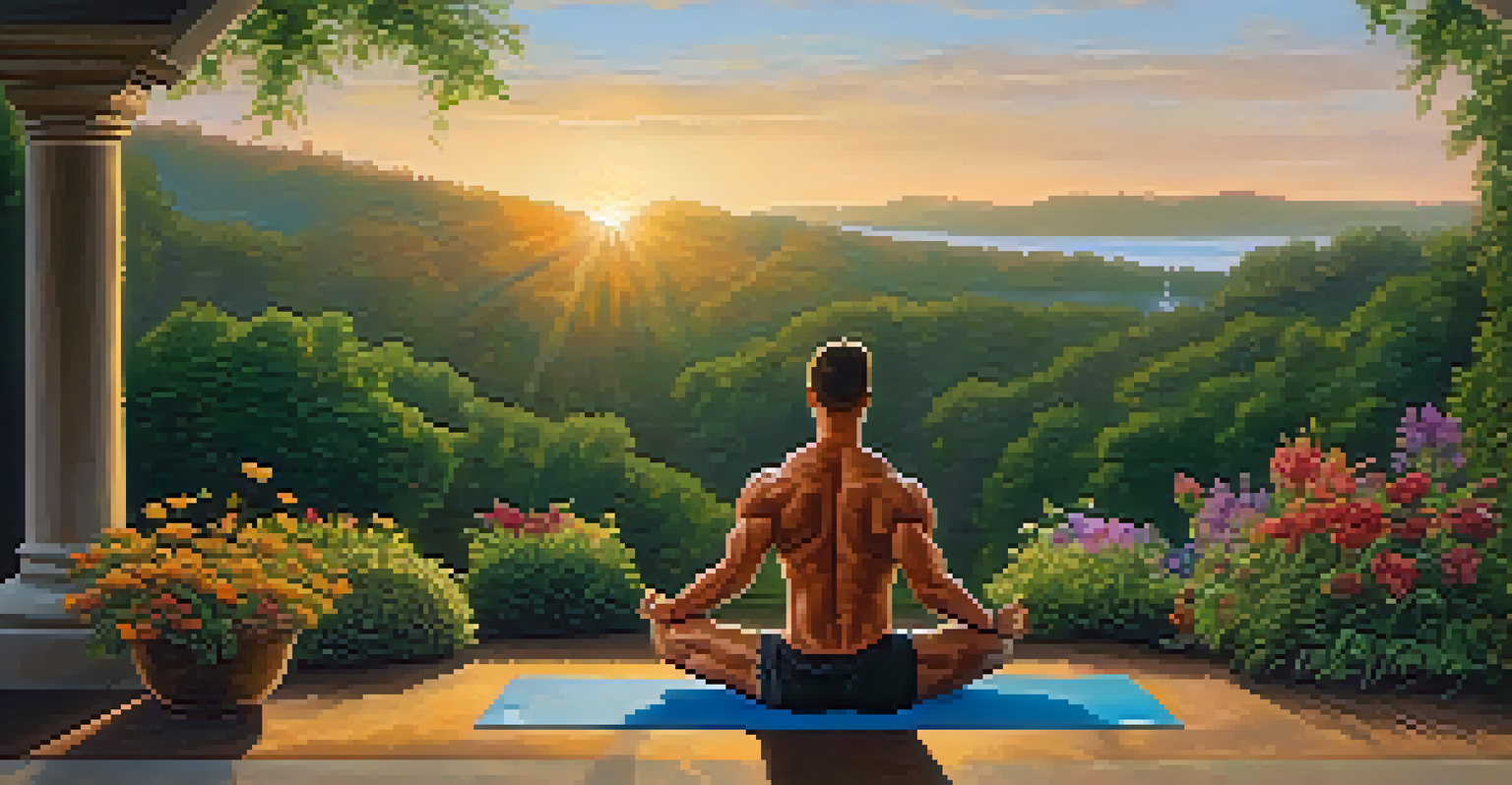 A bodybuilder practicing yoga outdoors at sunset, surrounded by lush greenery and colorful flowers, in a tranquil setting.