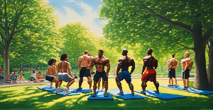 A group of diverse natural bodybuilders exercising outdoors in a sunny park, performing various workouts and encouraging each other.