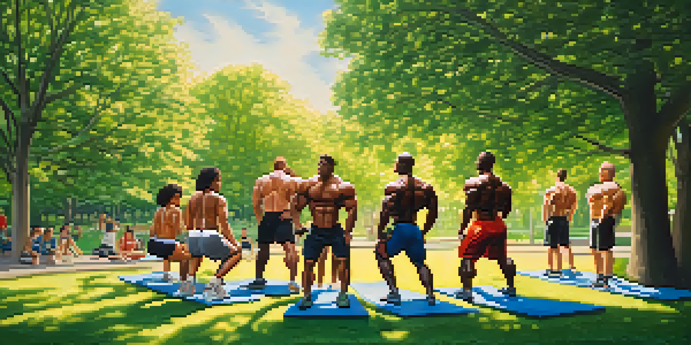 A group of diverse natural bodybuilders exercising outdoors in a sunny park, performing various workouts and encouraging each other.