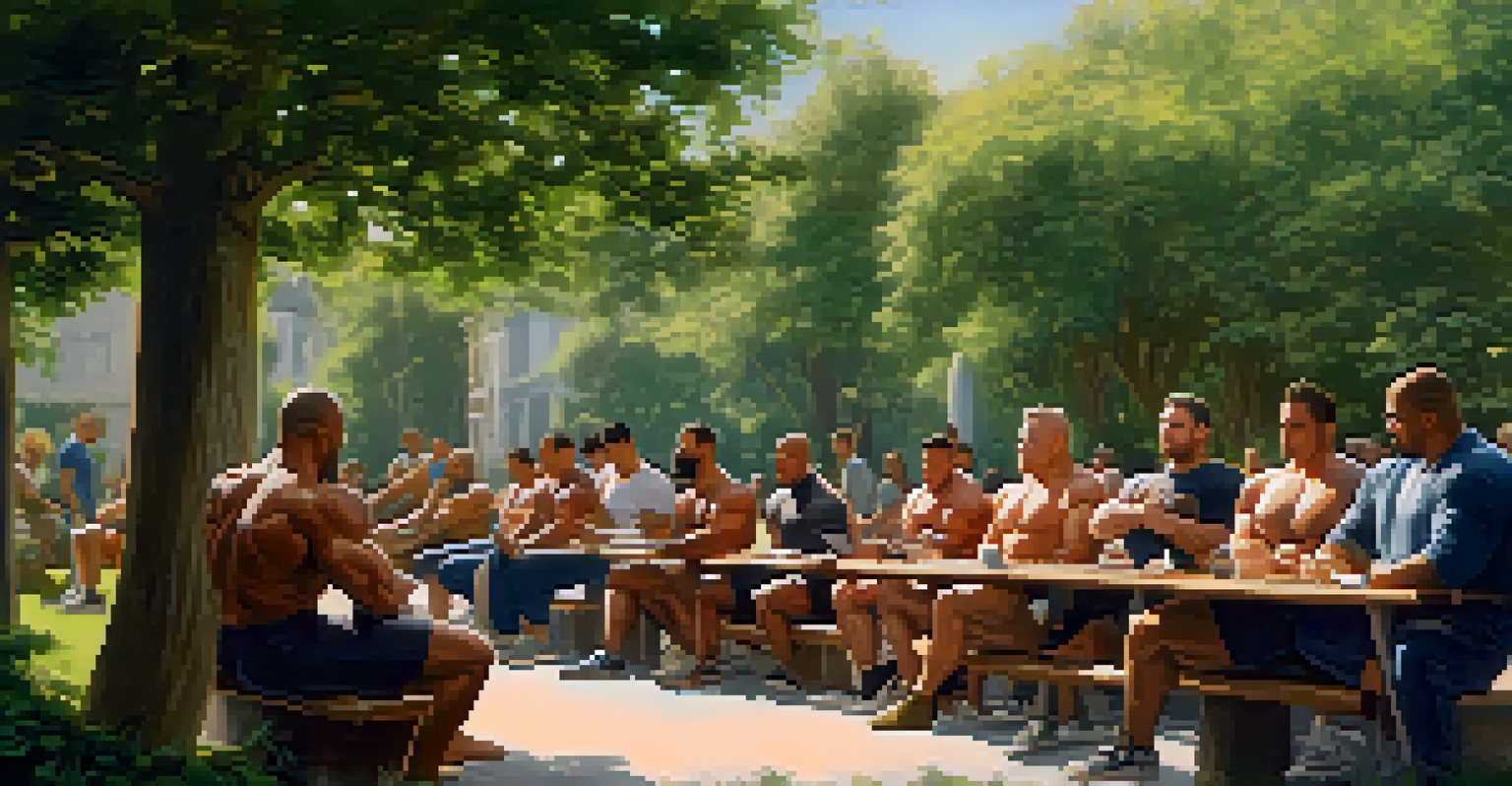 A group of bodybuilders sharing knowledge in a cozy outdoor setting, discussing training techniques and demonstrating exercises amidst greenery.