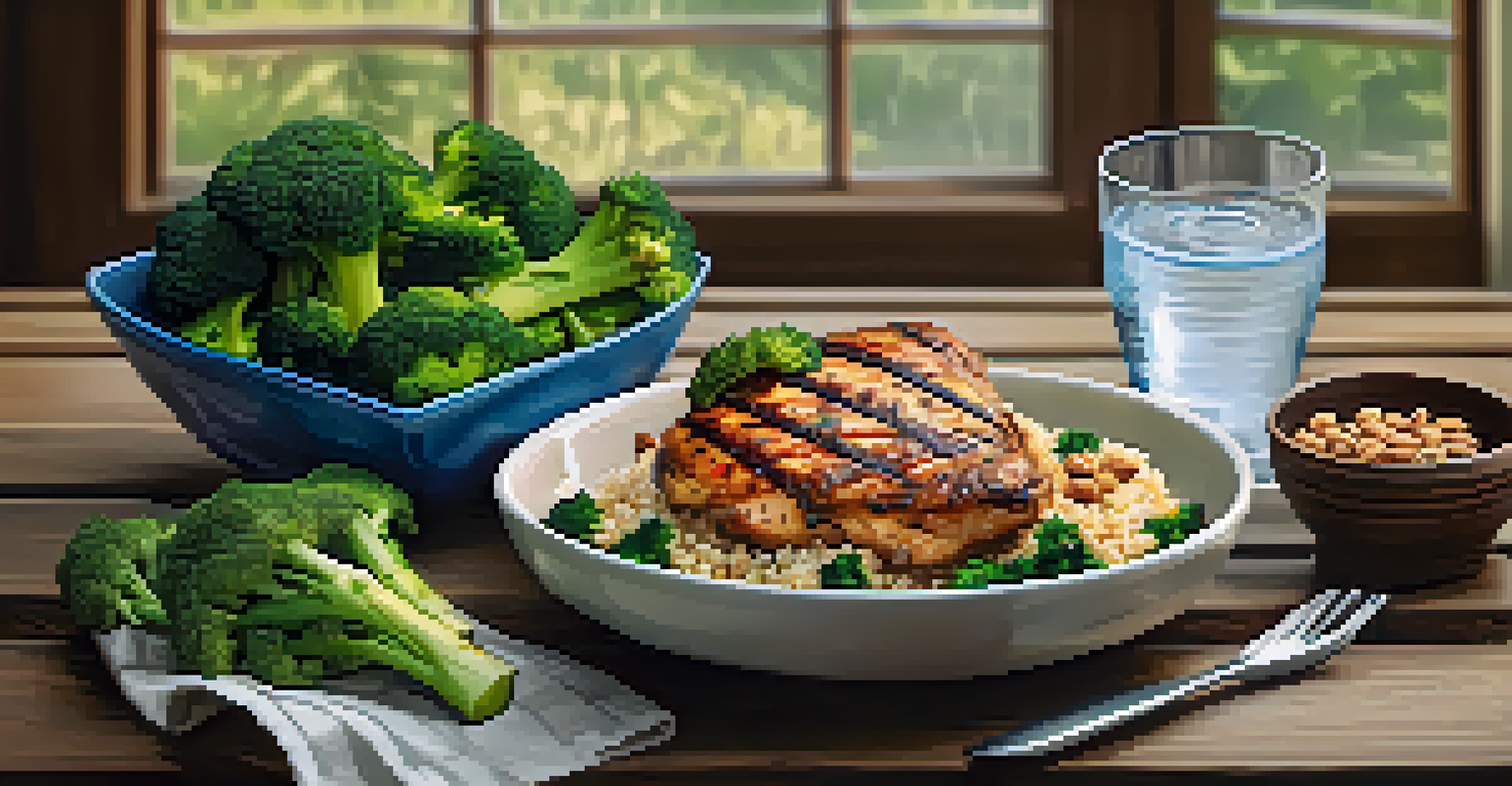 A nutritious bodybuilding meal with grilled chicken, broccoli, and quinoa on a wooden table.