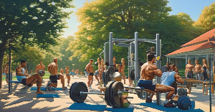 A diverse group of individuals participating in bodybuilding exercises in a scenic outdoor setting during sunset.