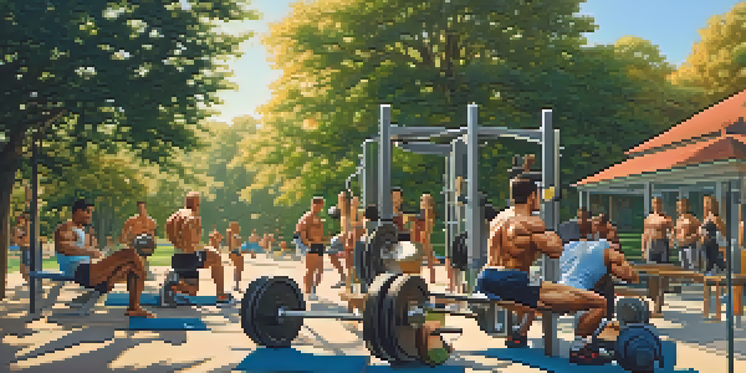 A diverse group of individuals participating in bodybuilding exercises in a scenic outdoor setting during sunset.