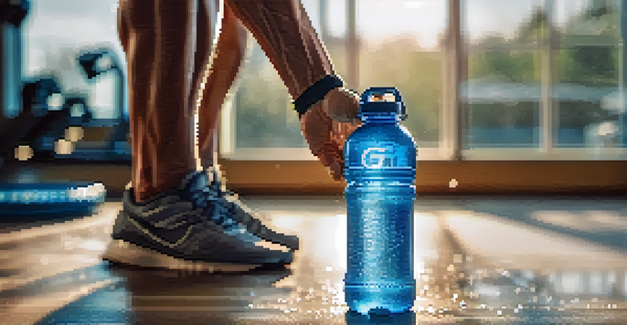 A bodybuilder's hand gripping a water bottle, showing glistening droplets against a blurred gym background.