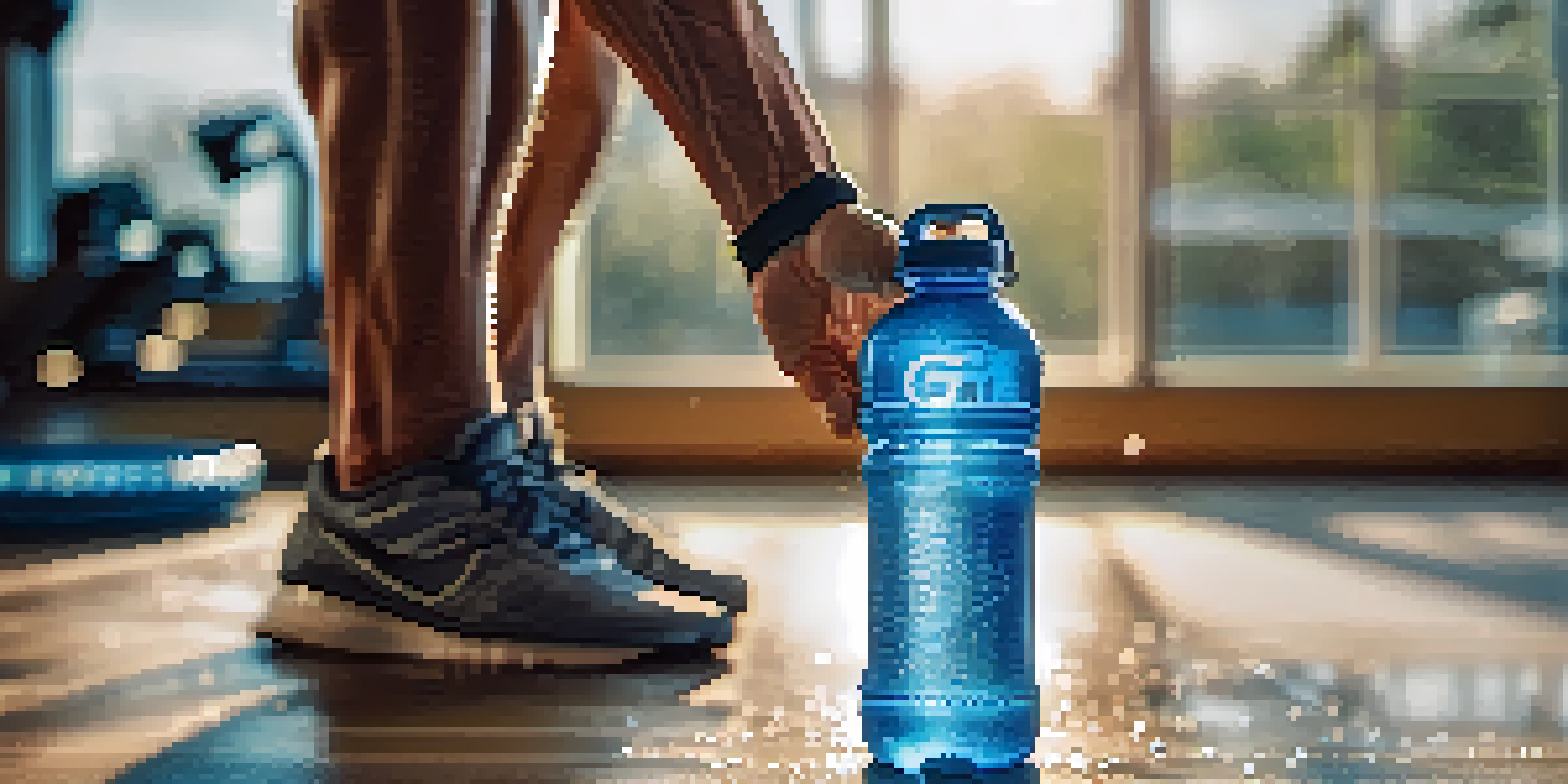 A bodybuilder's hand gripping a water bottle, showing glistening droplets against a blurred gym background.