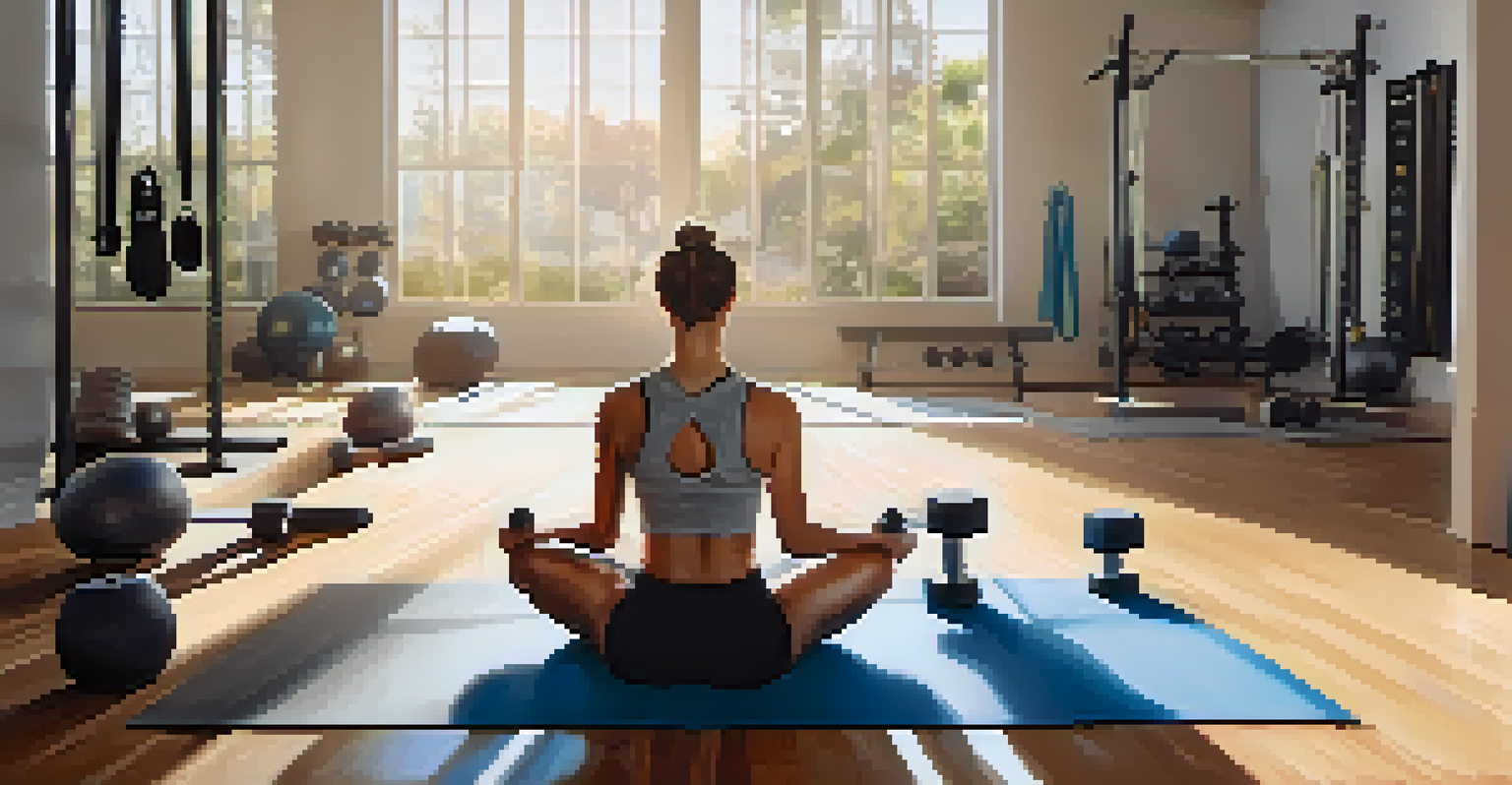 A person resting on a workout mat with fitness equipment around them, looking relaxed after exercise.