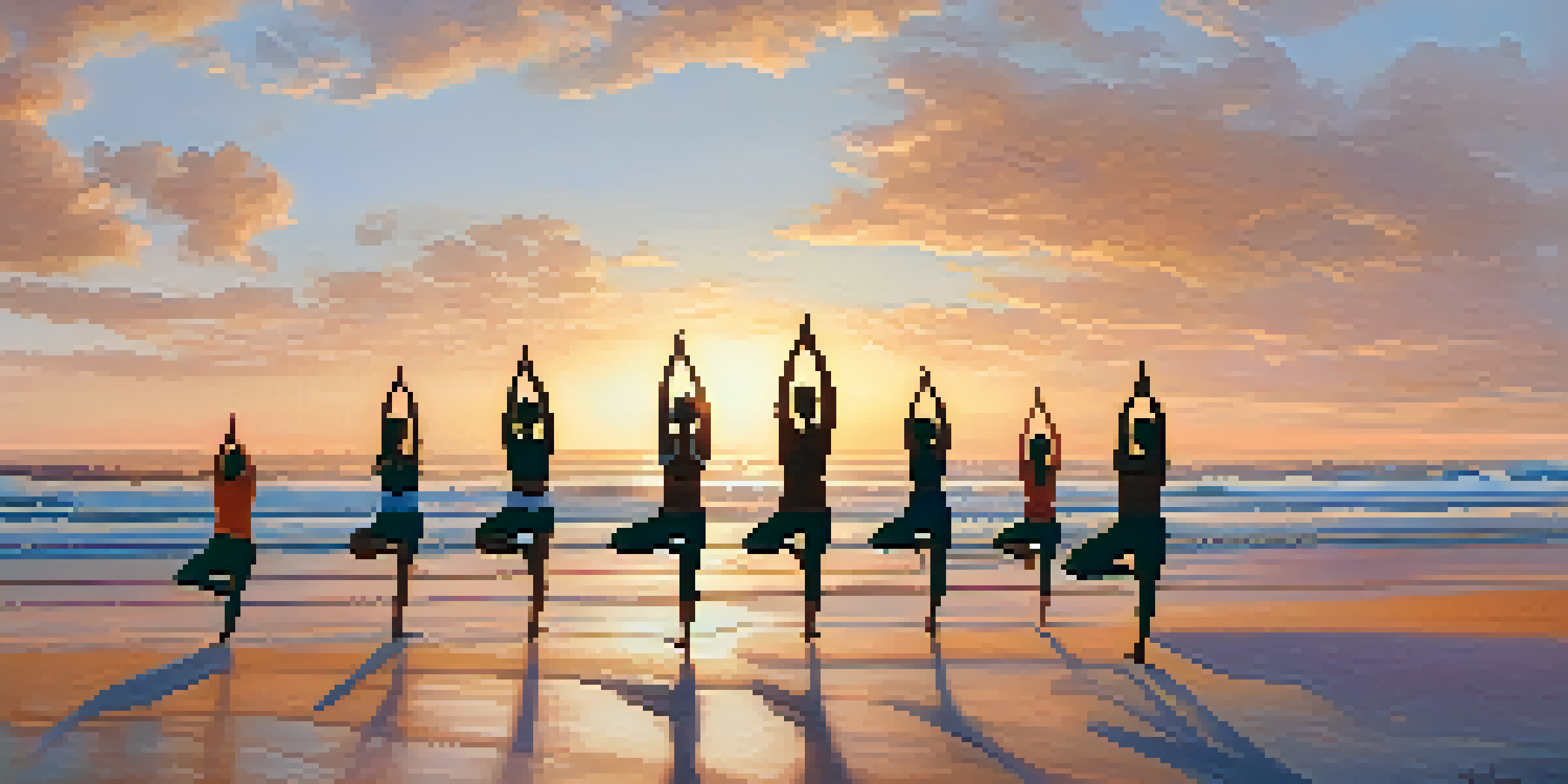 A diverse group of individuals practicing yoga on a beach at sunrise, showcasing various body types and ethnicities in a peaceful setting.