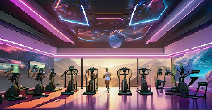 A virtual reality gym where people are exercising with VR headsets, surrounded by stunning virtual landscapes and high-tech gym equipment.