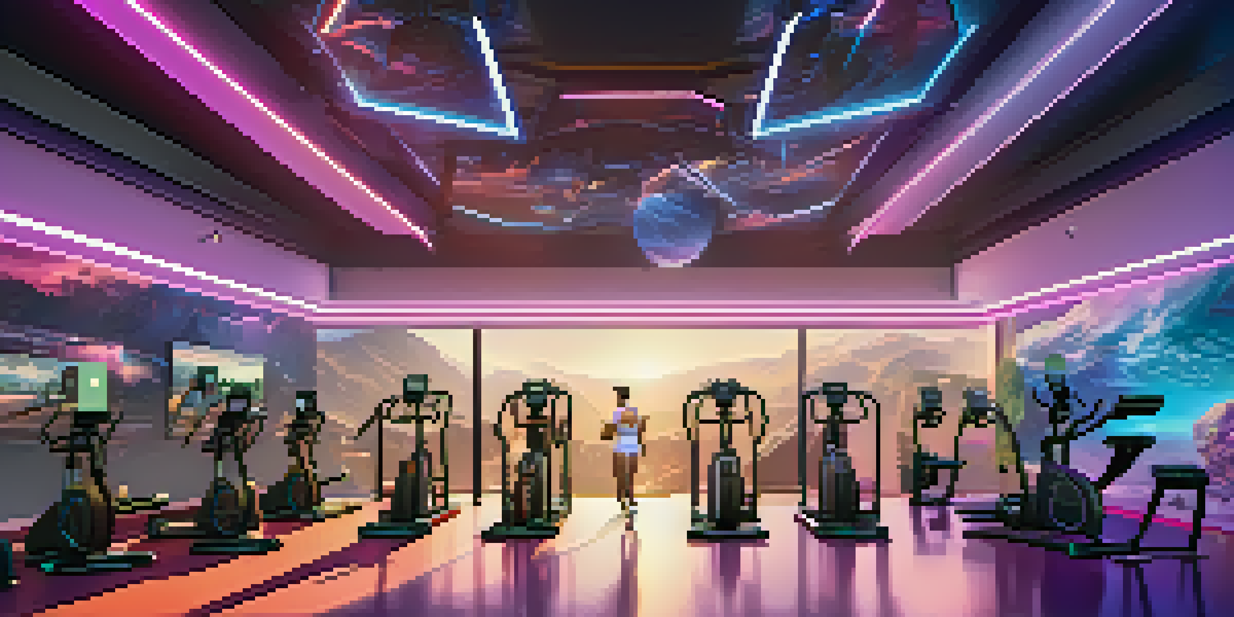 A virtual reality gym where people are exercising with VR headsets, surrounded by stunning virtual landscapes and high-tech gym equipment.