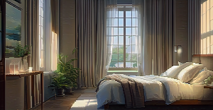 A peaceful bedroom with a made bed, soft pillows, and gentle lighting, promoting a restful sleep environment.