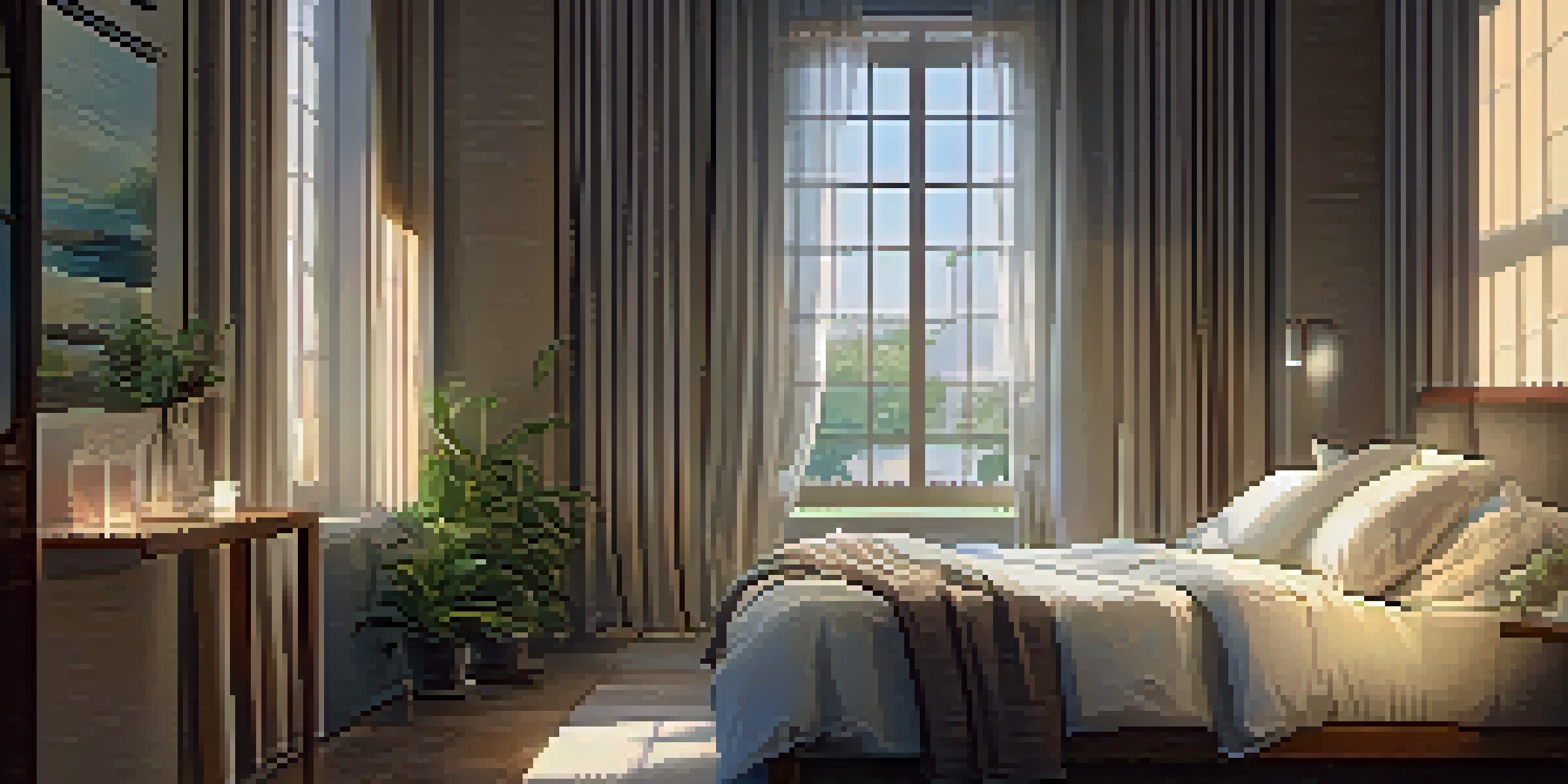 A peaceful bedroom with a made bed, soft pillows, and gentle lighting, promoting a restful sleep environment.
