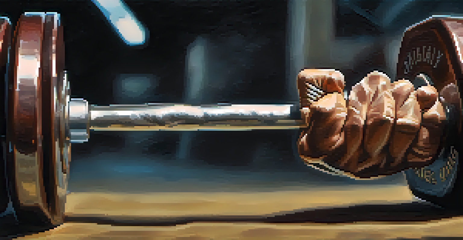 A close-up of a bodybuilder's hand gripping a barbell, with blurred gym scenes and a motivational quote in the background.