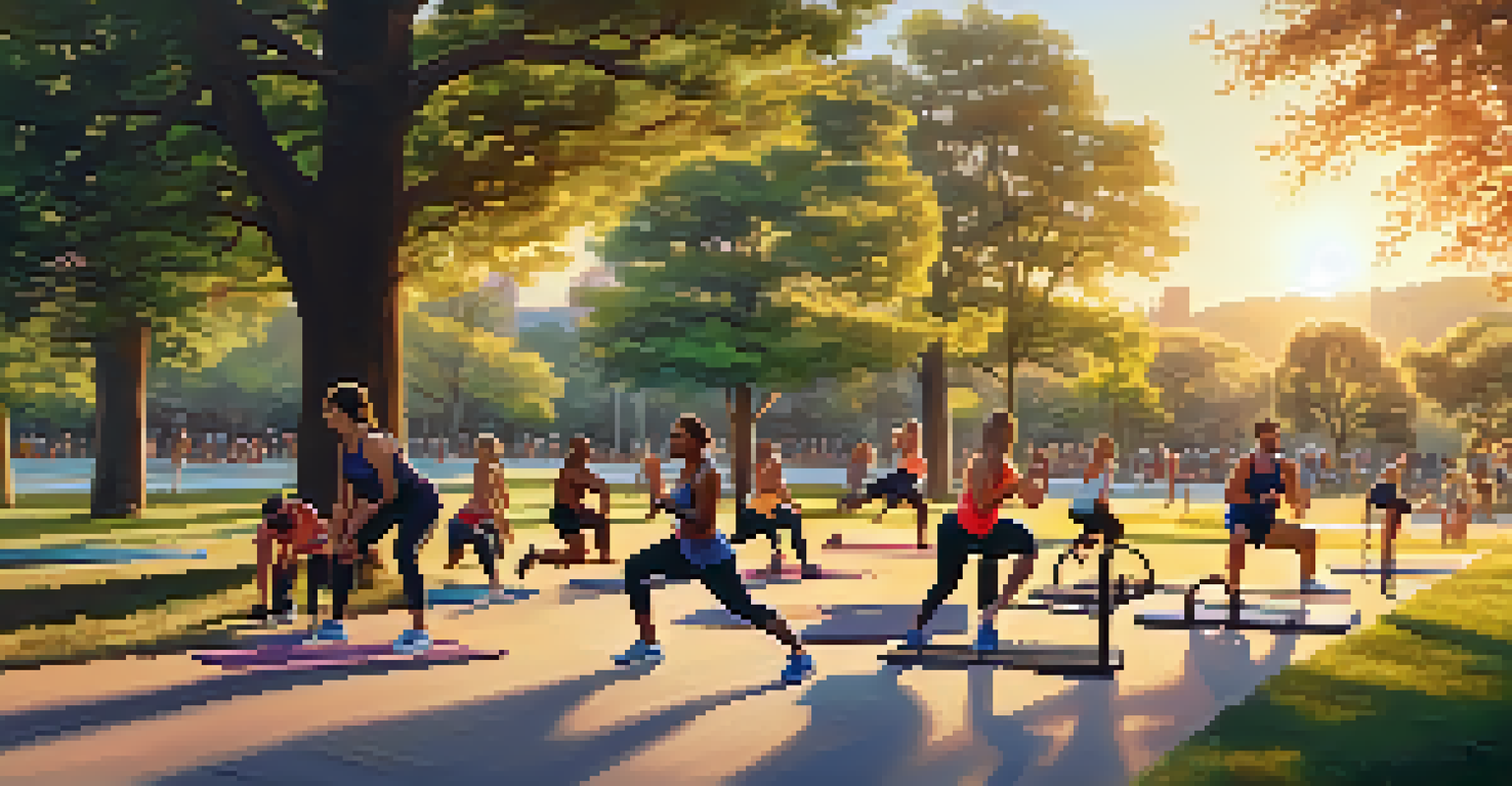 A diverse group of people working out together in a park during sunset, creating a sense of community.