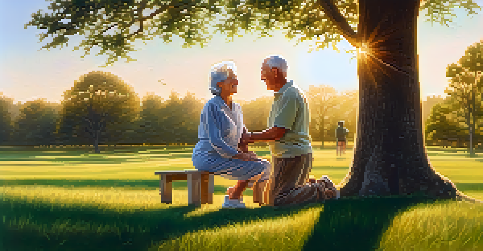 An elderly couple stretching exercises outdoors in a peaceful setting with trees and a sunset background.
