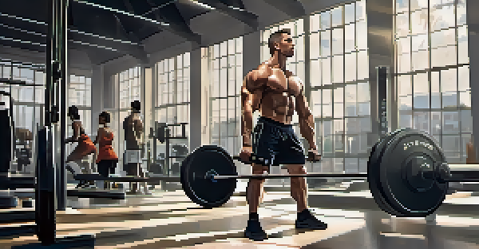 A muscular man lifting a heavy barbell in a bright modern gym, surrounded by workout equipment and gym-goers.