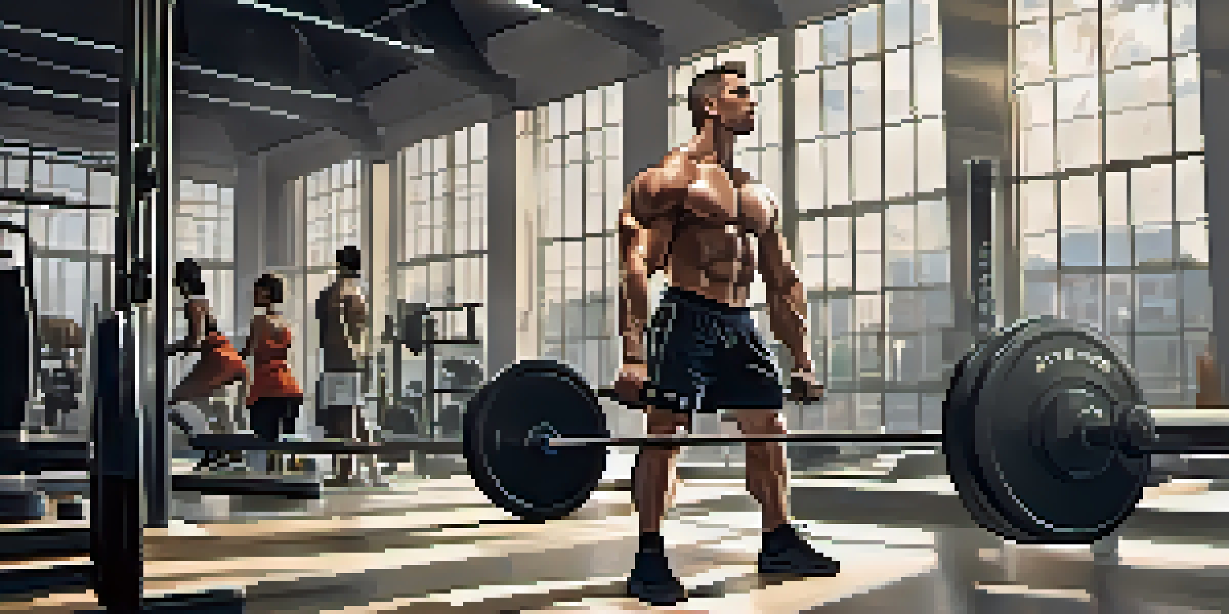 A muscular man lifting a heavy barbell in a bright modern gym, surrounded by workout equipment and gym-goers.
