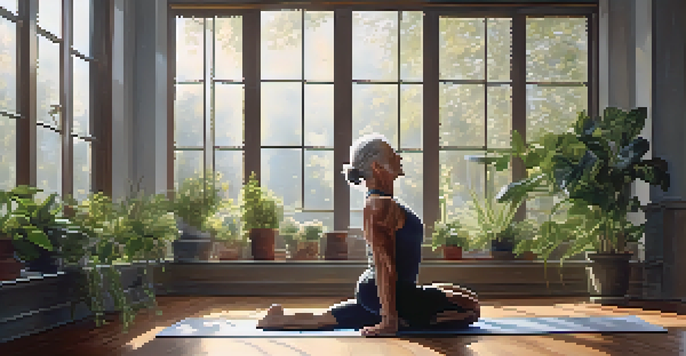 An older bodybuilder performing a yoga stretch in a sunlit room filled with plants, showcasing flexibility and strength.