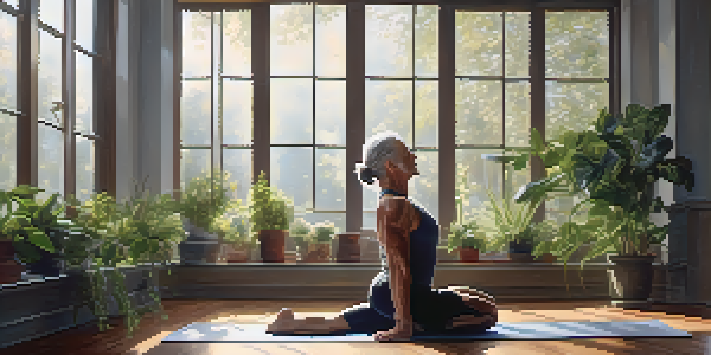 An older bodybuilder performing a yoga stretch in a sunlit room filled with plants, showcasing flexibility and strength.
